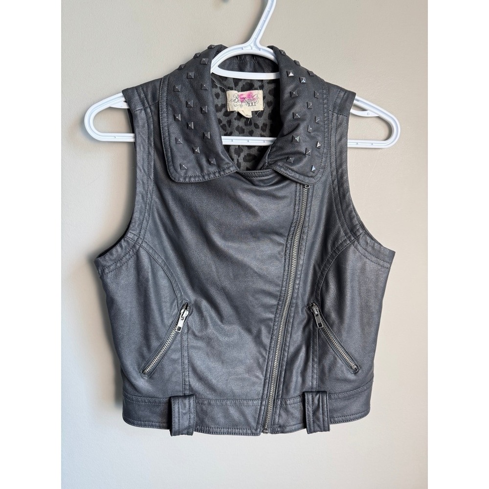 Boutique XXI Faux Leather Studded Moto Vest Women Medium Grey Punk Rock Edge vtg